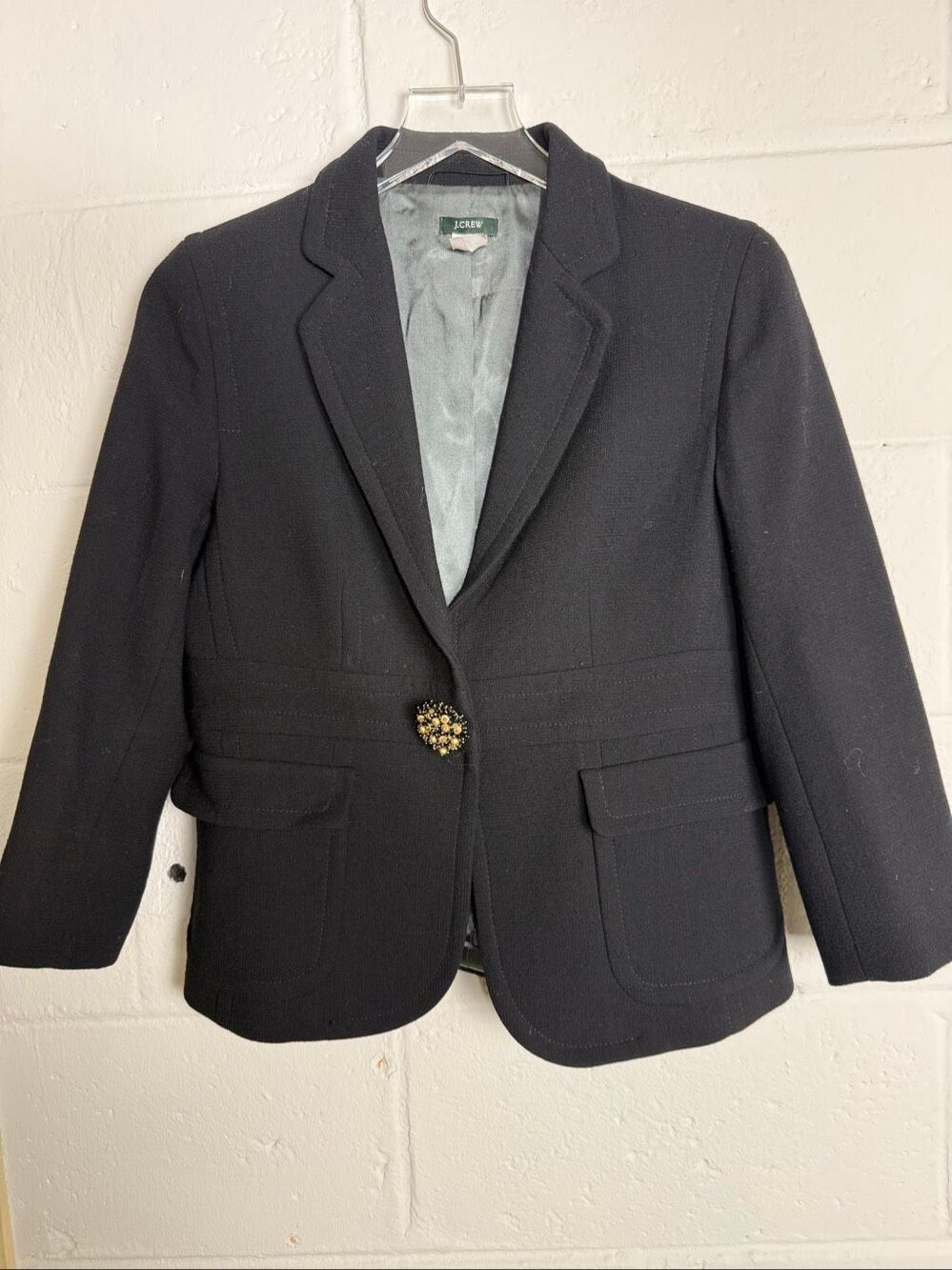 J.Crew Women’s Size 6 Black 100% Wool Blazer Jeweled Button Vintage Y2K